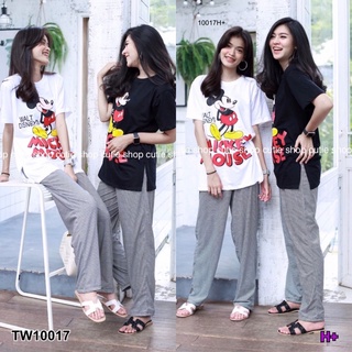 TW10017 Set 2 ชิ้น เสื้อคอกลมแขนสั้นสกรีนลายการ์ตูน มาพร้อมกางเกงขายาวลายริ้ว เนื้อผ้าคอตตอน ใส่สบายๆ ชิคๆ กันไปเลยค่า