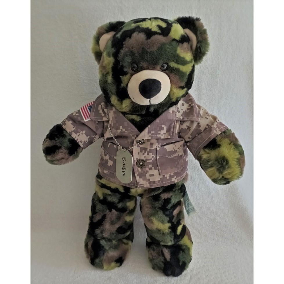 ตุ๊กตาหมีบิ้วอะแบร์ Build A Bear ลายพรางทหาร สภาพใหม่มาก + เสื้อบิ้วแท้ US Army + ป้าย Dog Tag BABW 