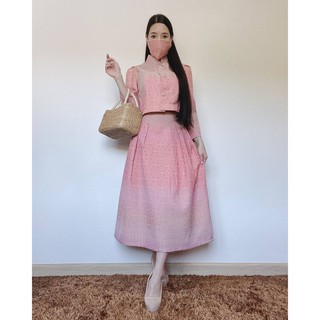 ชุดแขนยาวผ้าทอลายไทยสีหวาน set เสือ+กระโปรง+แมส เนื้อผ้าดีหนานิ่ม