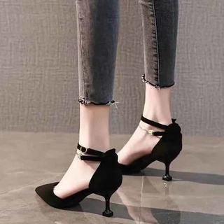 ✽♚ฤดูใบไม้ผลิ 2021 ใหม่คำหัวเข็มขัดรองเท้าแตะหญิงฝรั่งเศส pointed toe hollow fairy สไตล์ stiletto รองเท้าส้นสูง