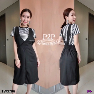 👗Pfashion [ส่งไว!!🚛] P3786 Set เสื้อริ้ว+เอี๊ยมผ่าหน้า Set stripe shirt + front slit bib