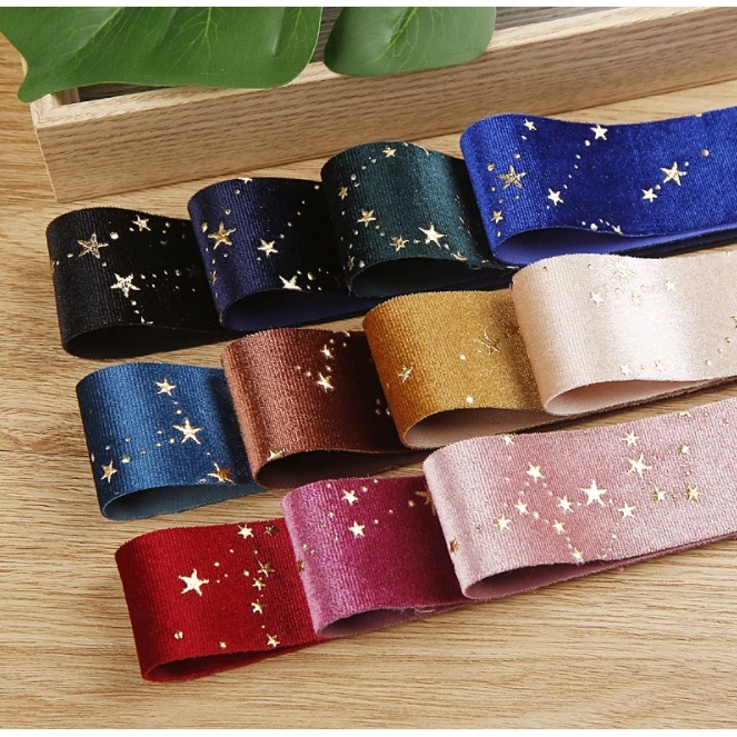 พร้อมส่ง ริบบิ้นผ้า ริบบิ้นผ้ากำมะหยี่ พิมพ์ลายดาวทอง ริบบิ้นผ้าเกาหลี(ขายเป็นหลา)