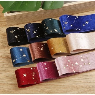 พร้อมส่ง ริบบิ้นผ้า ริบบิ้นผ้ากำมะหยี่ พิมพ์ลายดาวทอง ริบบิ้นผ้าเกาหลี(ขายเป็นหลา)
