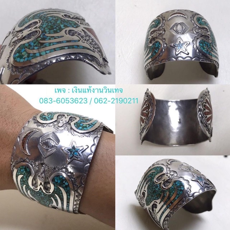 เทอร์ควอยซ์ อัญมณีเเท้ งานเมกา VTG Navajo Sterling Turquoise Coral chip inlay bracelet  Peyote Bird 