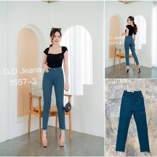 G.D.Jeans รุ่น 1557-3#กางเกงแฟชั่นขายาวผ้ายืดทรงเดฟสีน้ำเงินขีดขาดข้างพร้วมตัดปลายขา