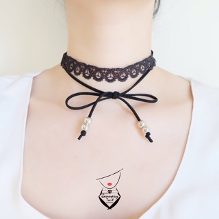 choker สีดำลูกไม้ฉลุลาย 2 เส้น ปลายผูกโบว์