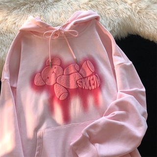 2021 Autumn New Korean style loose long sleeve top female student foam bear printed hoodie coat fashion