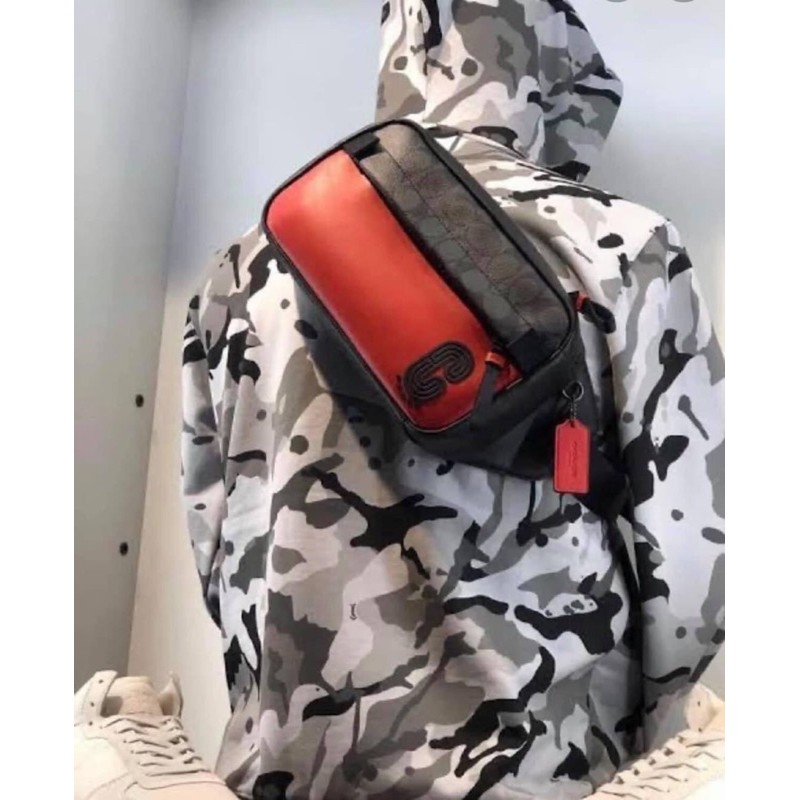 (ผ่อน0%) กระเป๋า COACH 599 EDGE BELT BAG IN REFLECTIVE SIGNATURE CANVAS กระเป๋า คาดอก คาดเอว ลายซี สีแดง