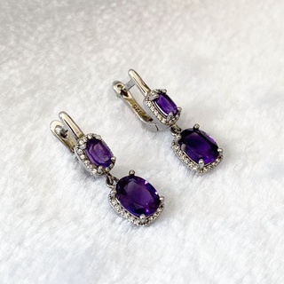 L6453 ต่างหูพลอยอเมทิสต์แท้ ( Amethyst ) แบบอิงลิชล็อค ตัวเรือนเงินแท้ 925 ชุบทองคำขาว