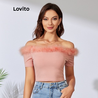 Lovito เสื้อยืด แต่งขอบขนมิ้ง เปิดไหล่ สีพื้น สไตล์ลำลอง L29LD003 (สีชมพู)