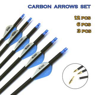 3 - 12  Pcs Mixed carbon Arrows set Spine 500 , 30 Inches Diameter 7.8 Removable Arrow heads with plastic Feather