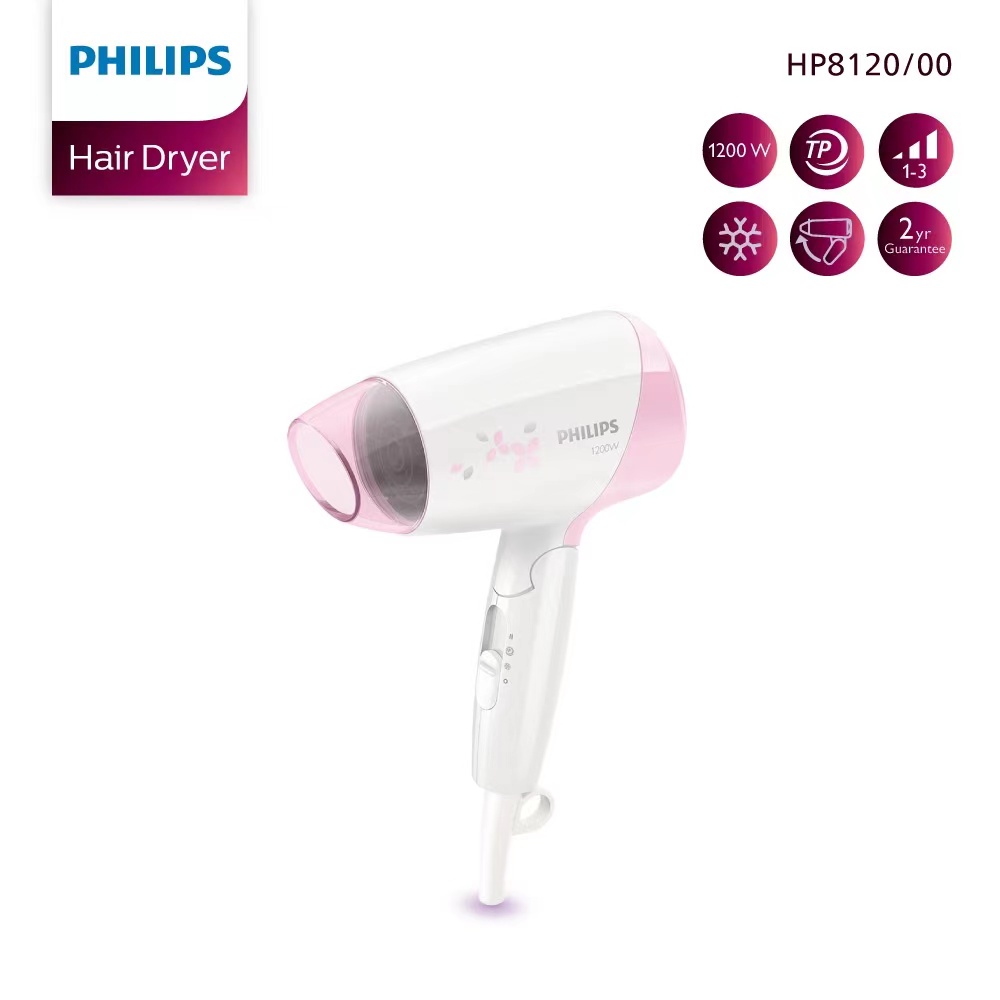 Philips 8120/05 เครื่องเป่าผมแบบพกพาแบบพับเก็บได้, เครื่องเป่าผม 1200W, อากาศร้อนและเย็น, ความร้อนอย่างรวดเร็ว