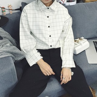 (พร้อมส่ง) เสื้อเชิ้ตเกาหลีลายกริด I Grid Shirt