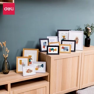 Deli กรอบรูป กรอบรูปไม้ 4x6 5x7 6x8 นิ้ว A4 หูแขวนผนัง พร้อมกระจกใส มีขาตั้งและแขวน Photo Frame