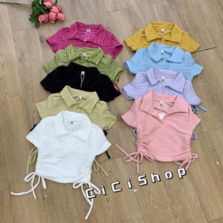 Cicishop(slae J127-1)เสื้อครอปคอปก ดีเทลเชือกดูดข้างเข้ารูปส…