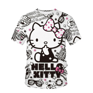 เสื้อยืดแขนสั้นลําลอง พิมพ์ลาย Hello Kitty 3 มิติ สไตล์ฮาราจูกุ แฟชั่นสําหรับสตรี