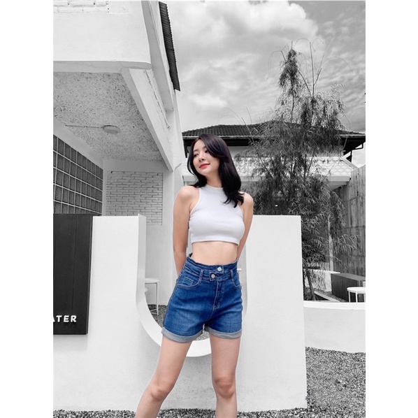 🌈 𝑵𝒊𝒏𝒂.𝒋𝒆𝒂𝒏𝒔 #5610 กางเกงยีนส์ขาสั้น เอวสูง ผ้ายืด ปลายขาพับเบิ้ล น่ารักๆ แต่งขอบยื่นสองกระดุมเก๋ๆ