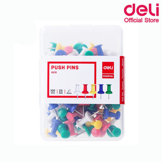 Deli 0031 Color Push Pin หมุดสีเสียบกระดาษ 100 ตัว หมุดสีเย็บกระดาษ 100 ตัว 23 mm หมุดปักบอร์ด หมุดเสียบกระดาษ อุปกรณ์สำ