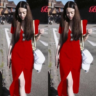 CL2169-RED Maxidress เดรสยาว งานผ้าซาร่าอย่างดี ผ้าหนากำลังดี ผ้าไม่ยืด คอวีผ่าอกหน้าติดกระดุมยาว แกะได้ ชายเดรสแหวกสูง