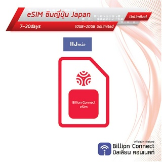 eSIM Japan Sim Card 10-20GB Unlimited IIJ mio : ซิมญี่ปุ่น เน็ตไม่อั้น 7-30วัน ซิมต่างประเทศ Billion Connect