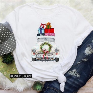 เสื้อยืดผ้าฝ้าย เสื้อยืดคริสต์มาสProduk baharu T-shirt Krismas letupan kartun comel cetakan rusa Santa Claus lady T-shir