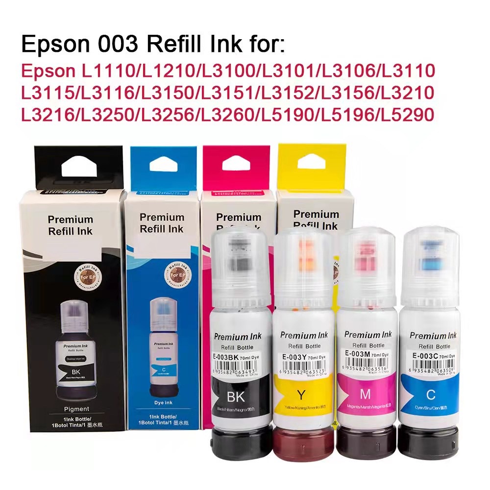 หมึกเติม Epson 003เกรดแท้ สีสด คมชัด รักษาหัวพิมพ์ ใช้สำหรับEpsonรุ่น L1110/L3110/L3150/L5190 L3210 L3250 L5290
