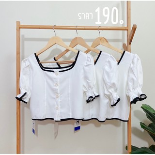 เสื้อคอยู แขนสั้นจั้มระบาย กระดุมหน้าใช้งานได้จริง