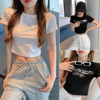 เสื้อครอปท็อปแขนสั้น ผ้าฝ้าย เอวสูง ประดับพลอยเทียม ทรงสลิม สําหรับผู้หญิง