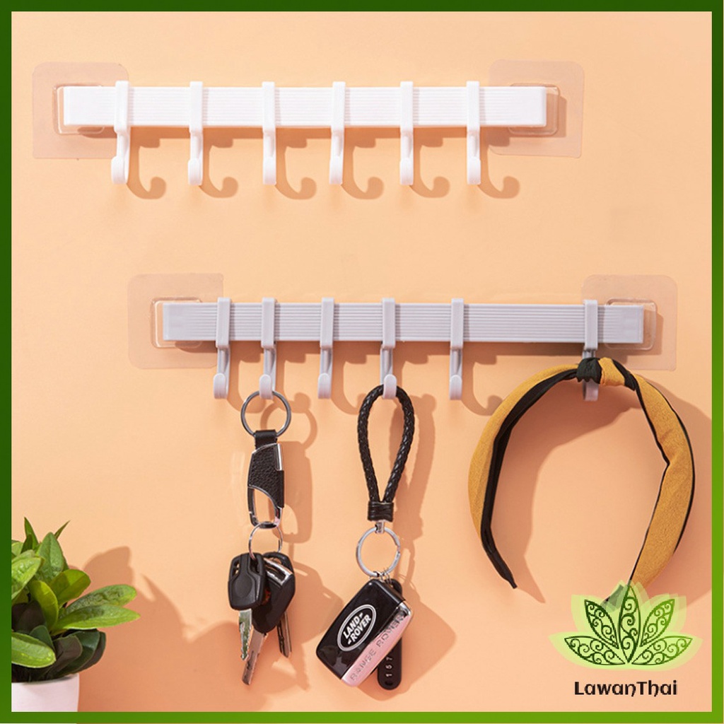Lawan """ราวตะขอ""" พลาสติกอเนคประสงค์ แบบติดแผ่นกาว ไม่ต้องเจาะผนัง Towel rack
