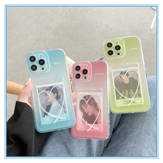 🔥เคสไอโฟน7 Plus  iPhone 14 Pro Max ที่เข้ากันได้ เคส iPhone 11 12 13 14 SE ที่ใส่บัตร ซองใส่บัตรแบบซิลิโคนอ่อน ที่เก็บรูปภาพ ที่เก็บรูปภาพ สไตล์เรียบง่าย ไล่ระดับสี เขียว ชมพู ฟ้า หัวใจ เคสโทรศัพท์