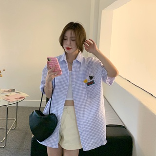เสื้อเชิ้ตโปโลแฟชั่นสําหรับสตรีแขนสั้นลายสก็อตทรงหลวม Oversize สไตล์เกาหลี