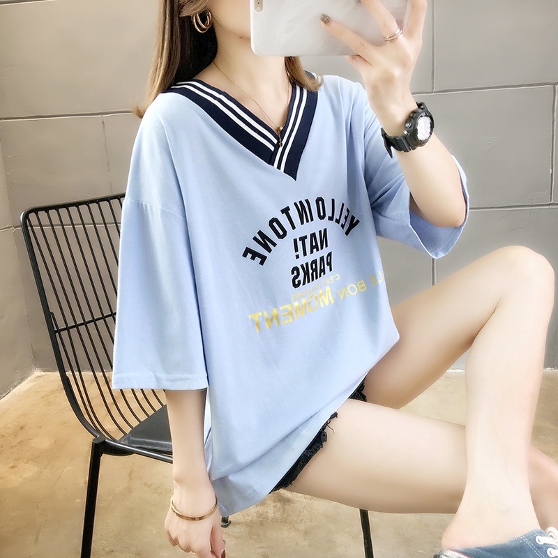 LHSunshine เสื้อยืดผ้านิ่มคอวี แต่งแถบสีตรงคอ เ มีไซส์ใหญ่ด้วยนะ ผ้าผู้หญิง ยืด ผ้าคอตตอน เป็นมิ