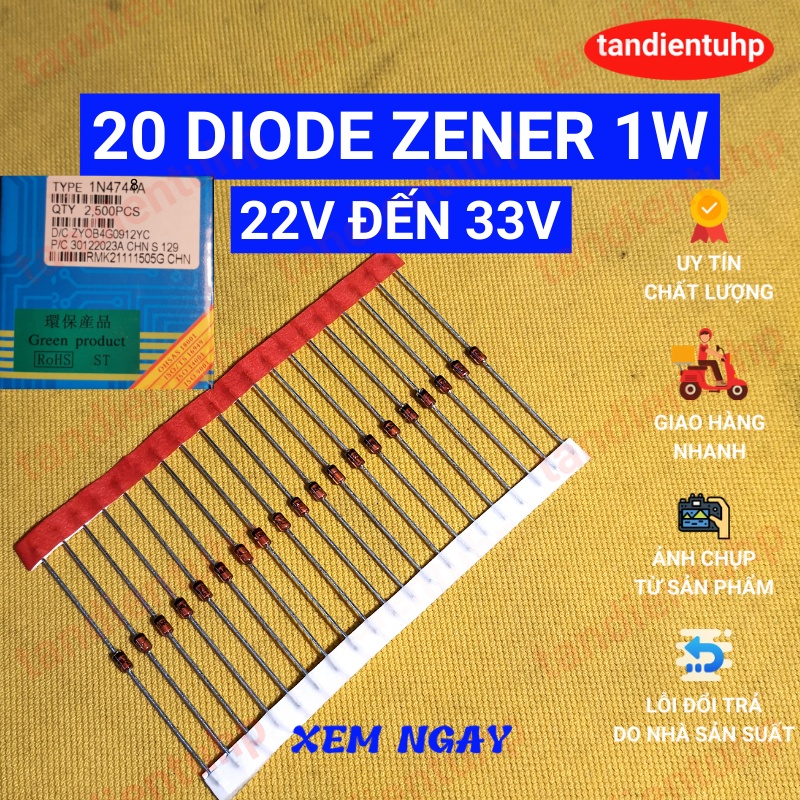 20 Zener ไดโอด 1W pin ประเภทแรงดันไฟฟ้าไดโอด DO-41 ค่า: 1N4748A 22V, 1N4749A 24V, 1N4750A 27V, 1N475