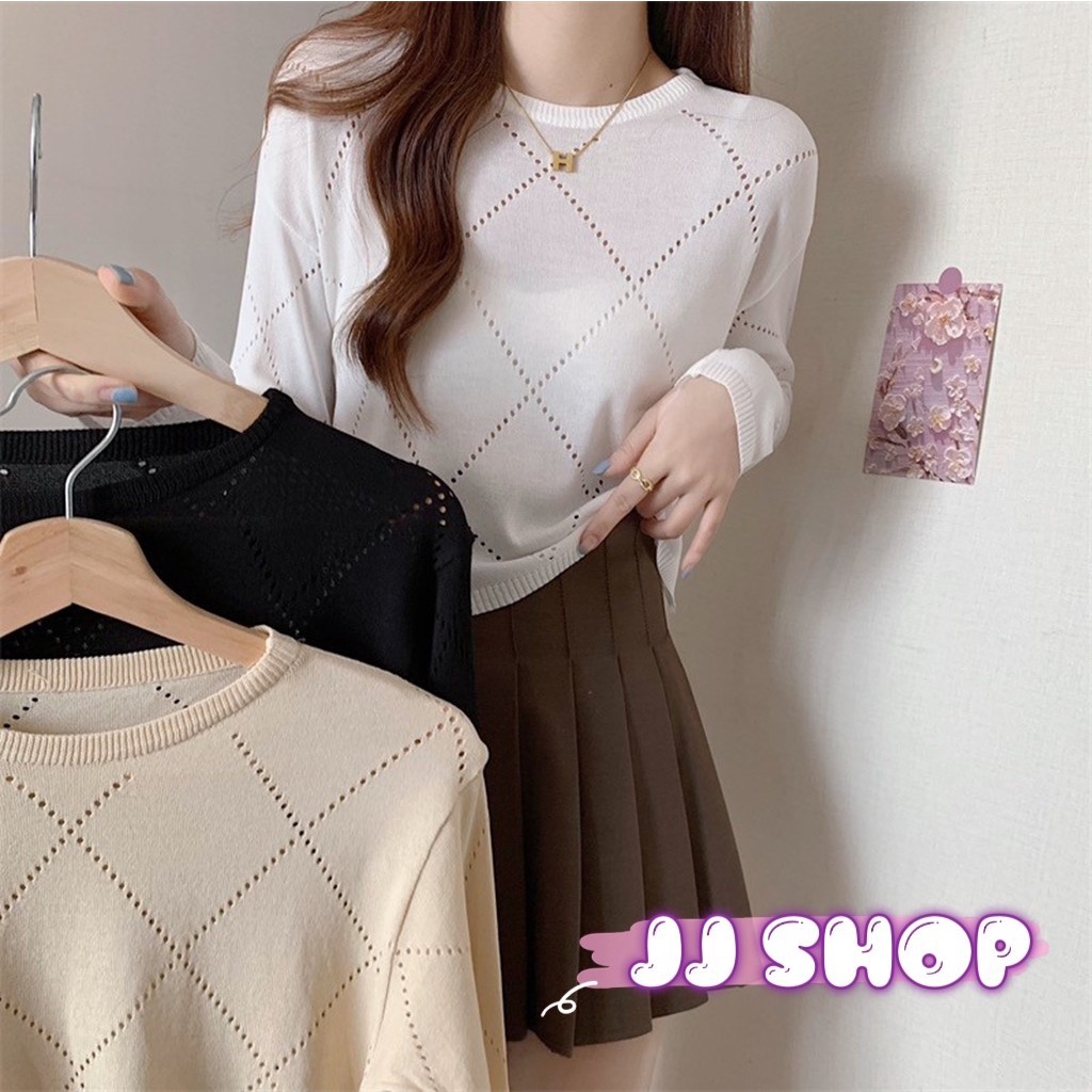 JJ shop "พร้อมส่ง" เสื้อแขนยาวคอกลม ไหมพรมเรียบๆดีเทลลวดลายเก๋ๆใส่สบายสไตล์เกาหลี "98102"