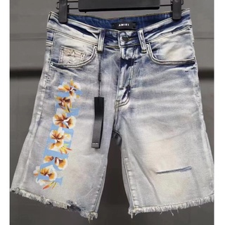 Newest 22SS AMIRI Denim Shorts Light Blue Ripped Splash-Ink Slim Jeans Shorts Mens and Womens High Street Summer