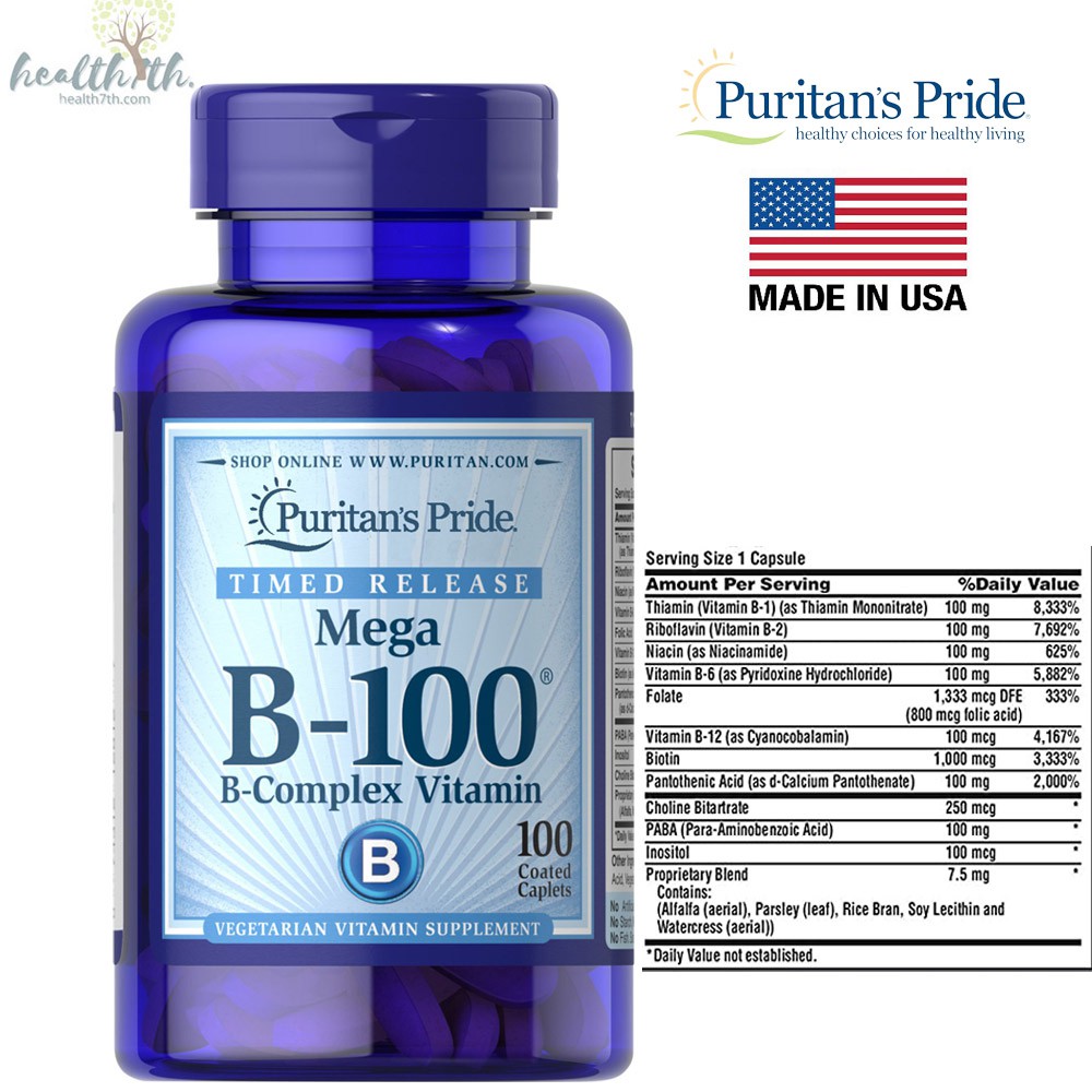Puritan's Pride Vitamin B-100 Complex Timed Release 100 Capsules สูตรเข้มข้น