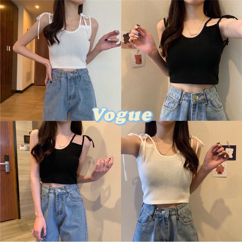 Vogue 🌟พร้อมส่ง🌟เสื้อครอปสายเดี่ยวไหมพรมแบบผูกเชือก2เส้น❤️ร้านโว๊ก(22002).2
