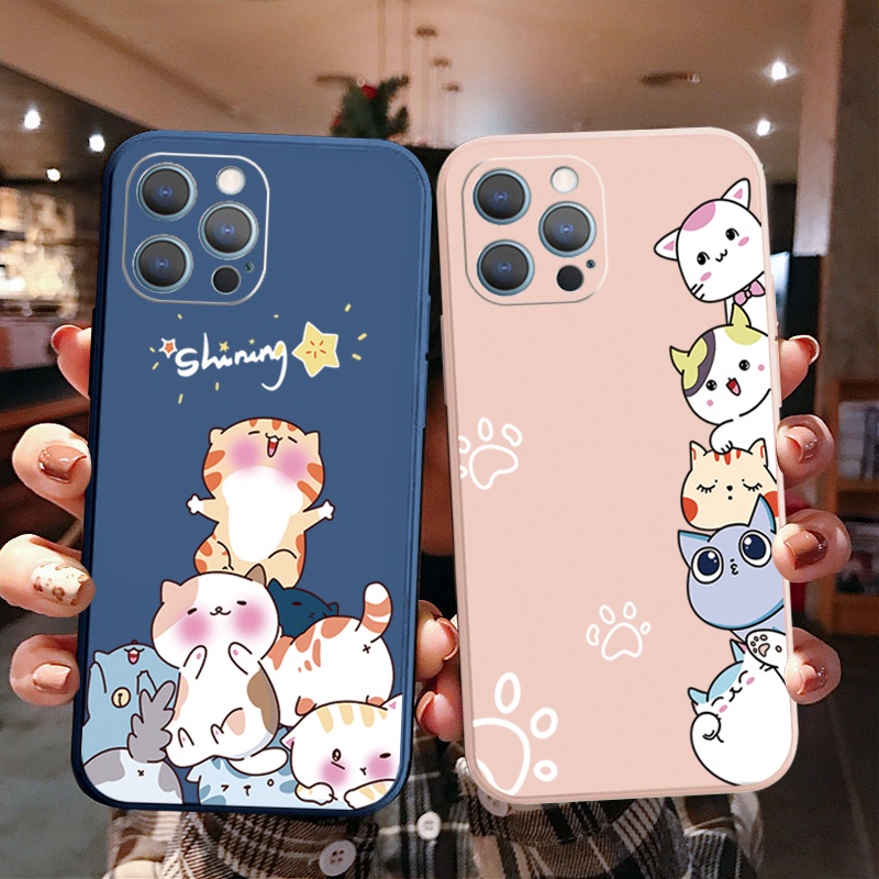 เคสซิลิโคนนิ่ม ขอบตรง ลายแมวน่ารัก สําหรับ Iphone 11 12 Mini 13 Pro X XS Max 7 8 Plus SE 2020