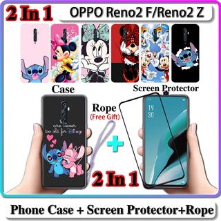 2 IN 1 เคส OPPO Reno2 F Reno2 Z เคส พร้อมกระจกนิรภัย โค้ง เซรามิก ป้องกันหน้าจอ สติทช์ และมินนี่