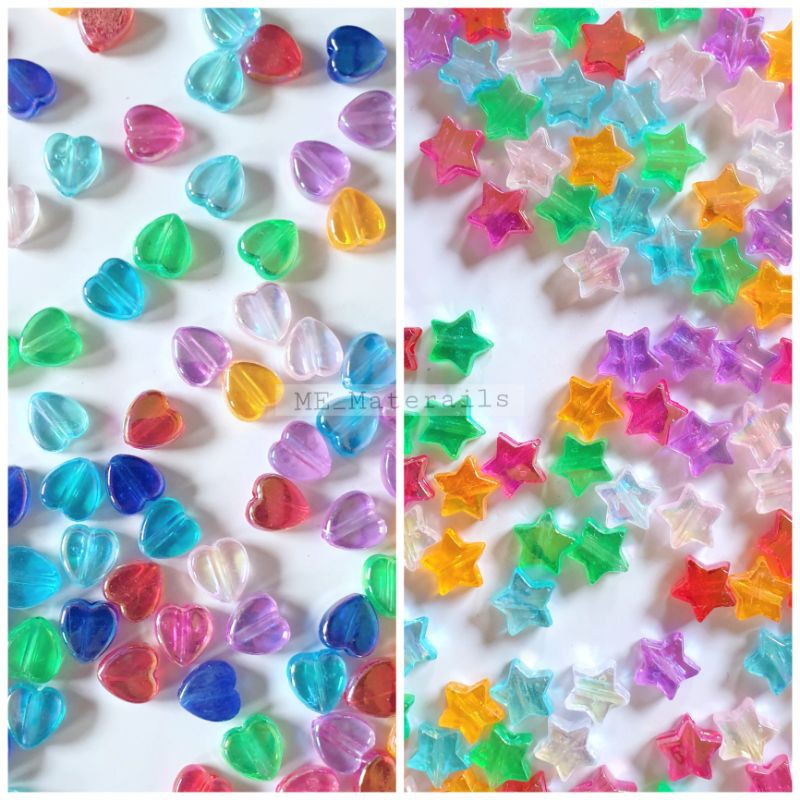 ลูกปัด ดาว ,หัวใจ เคลือบโฮโลแกรม ขาวใส , คละสี แพค 20 กรัม