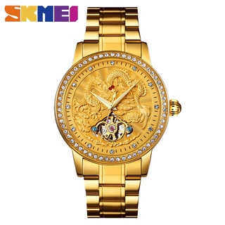 SKMEI นาฬิกาข้อมือแฟชั่นแต่งจิวเวอรี่หรูหราสําหรับบุรุษ Luxury Automatic Mechanical Men Watches Dragon Diamond Hollow Big Dial Moon Phase Watch Clock