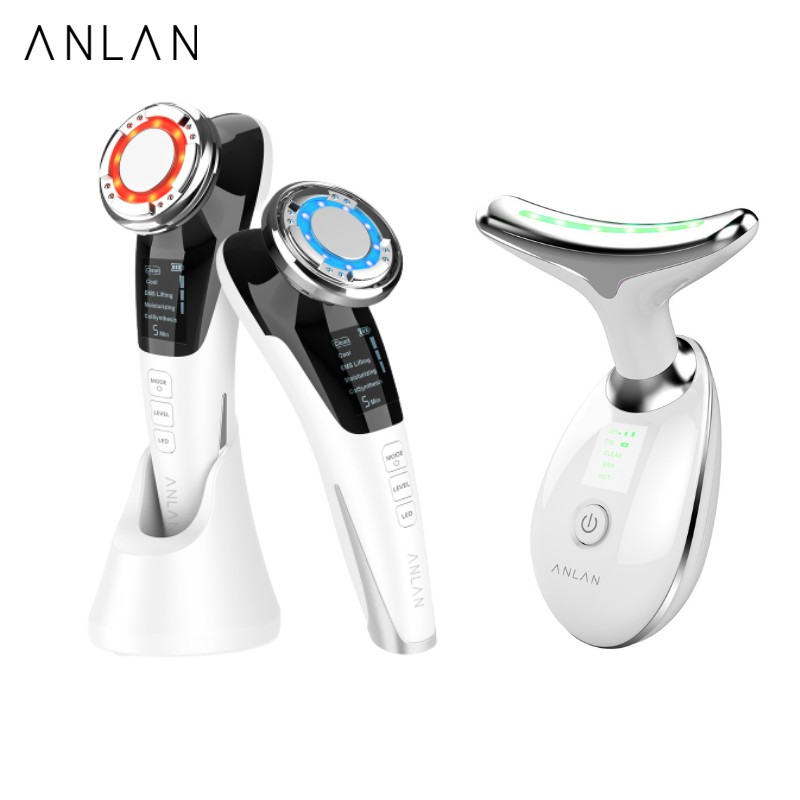 ANLAN เครื่องนวดหน้ายกกระชับ＋เครื่องนวดคอ กําจัดริ้วรอย ระบบEMSสั่นสะเทือน ทําความร้อน-เย็น
