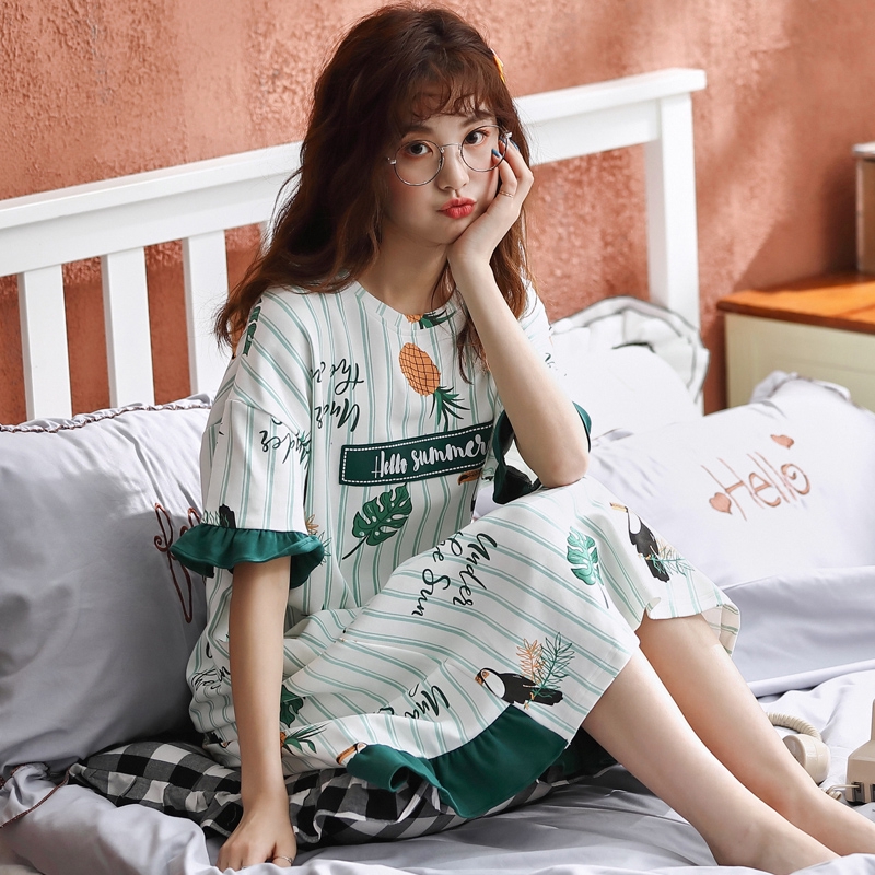 ชุดนอนเกาหลีสตรีชุดนอนผ้าฝ้ายฤดูร้อนบางน่ารักกลางความยาวสไตล์เกาหลีแขน ...