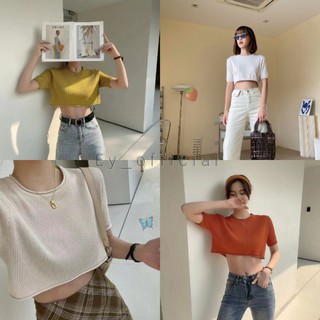 Ey_official#2098#พร้อมส่งเสื้อครอปแขนสั้นคอกลมแต่งม้วนแขนและช่วงคอเนื้อผ้าไหมพรม