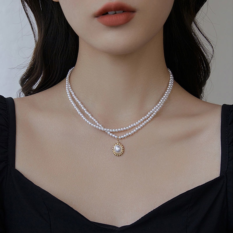 ไข่มุกธรรมชาติ French double lap สวมสร้อยคอคืนวิธีโบราณ ms sen Natural 珠式复古 复古形散项链女高级感气质感气质感 链 flata