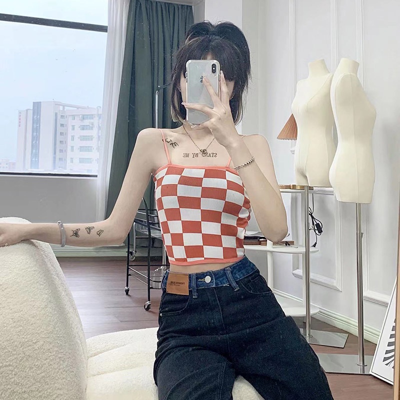 ⭐สินค้ามาใหม่⭐ เสื้อครอปสายเดี่ยวลายสก็อต เสื้อผ้าแฟชั่นไหมพรมสไตล์เกาหลี เนื้อผ้าคุณภาพดีมาก - รูปที่ 3