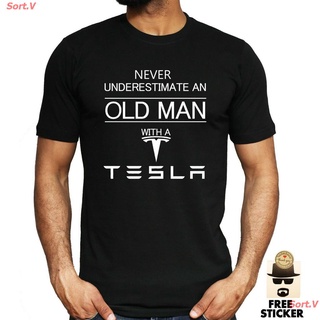 Sort.V 2021 Mens T-shirtO-neck Custom Printed Tesla Old Man T-shirt Funny Dad Electric Car Enthusiast Fathers Day Tee T