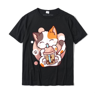 เสื้อยืดท็อป ผ้าฝ้าย พิมพ์ลายการ์ตูนแมว Boba Tea Bubble Tea Kawaii Neko สไตล์คลาสสิก สําหรับผู้ชายสามารถปรับแต่งได้