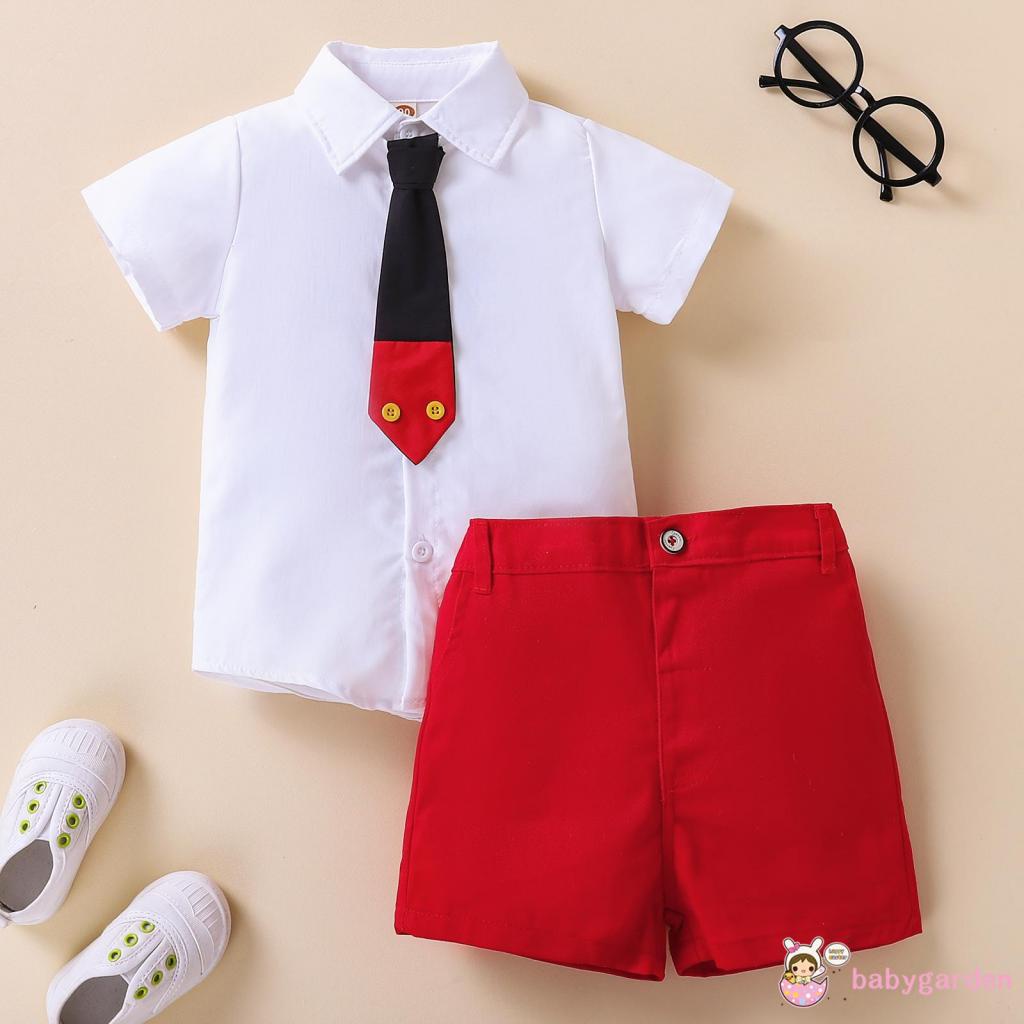 Babygarden- เสื้อเชิ้ตแขนสั้น คอปก พร้อมเนคไท และกางเกงขาสั้น สีตัดกัน แฟชั่นฤดูร้อน สําหรับเด็กผู้ชาย 1-8 ปี 2 ชิ้น
