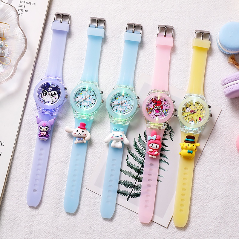 นาฬิกาข้อมือ Sanrio Hello Kitty Kawaii Kuromi My Melody Cinnamoroll มีไฟ LED สําหรับเด็กนักเรียน วันเกิด
